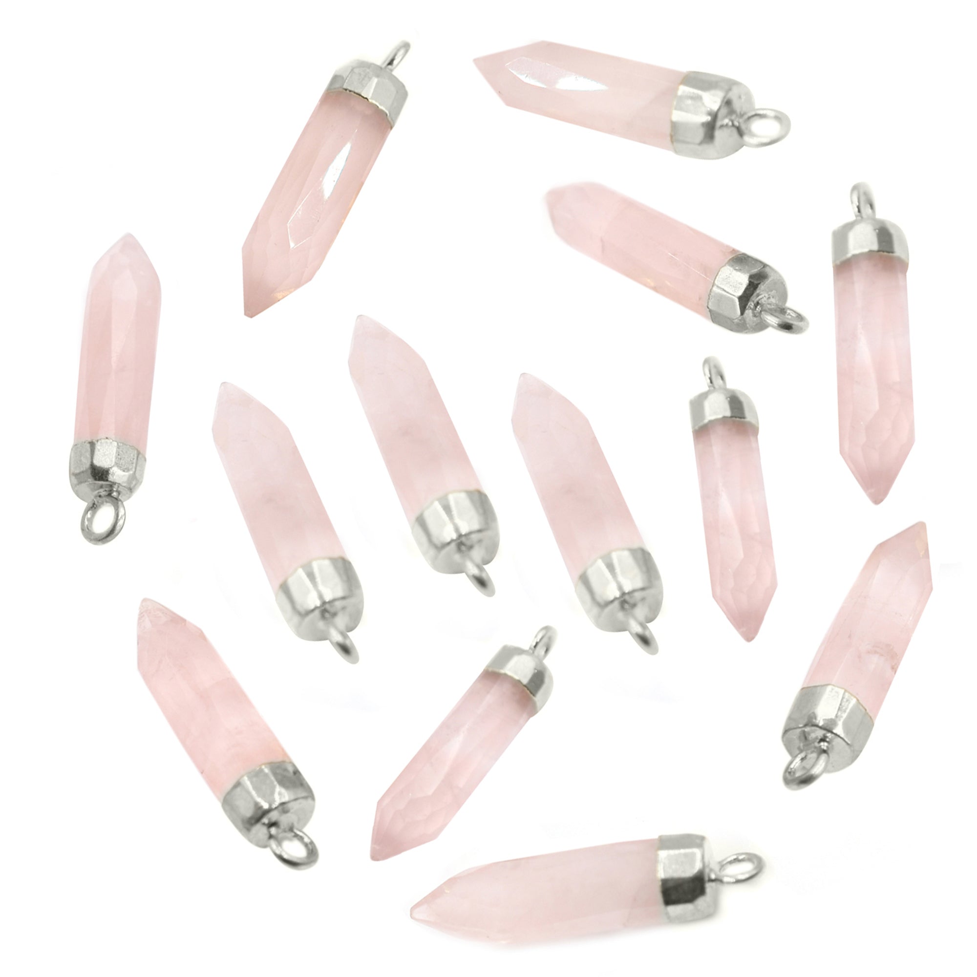 Rose Quartz Bullet Shape 19 x 5 MM Silver Electroplated Pendant