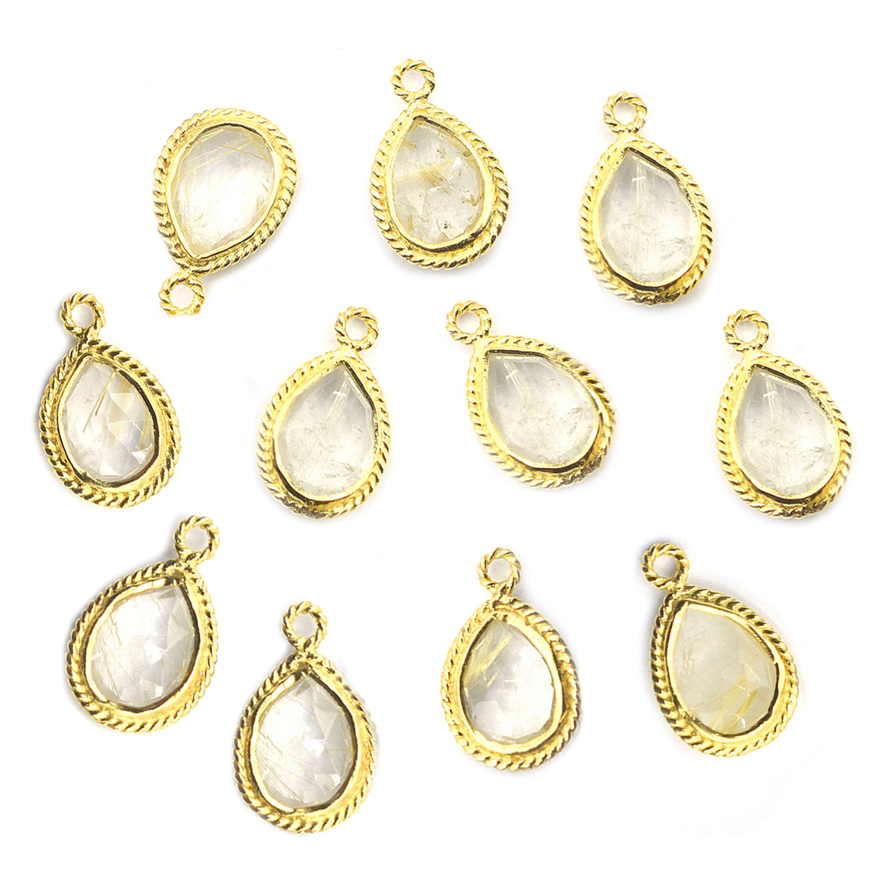 Golden Rutilated Quartz 9X7 MM Pear Shape Twisted Wire Silver Bezel Vermeil Pendant (Set Of 2 Pcs) - Jaipur Gem Factory