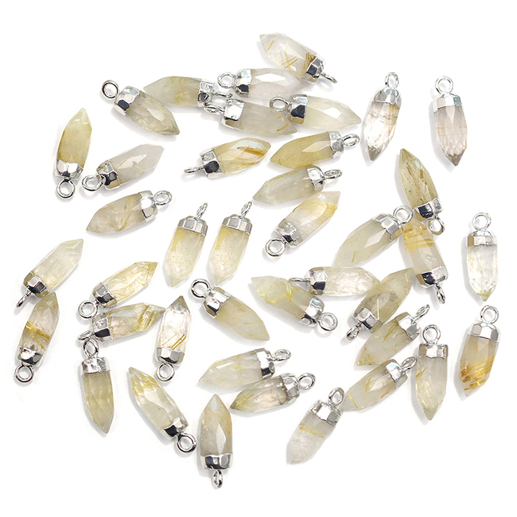 Golden Rutilated Quartz Bullet Shape Silver Electroplated Pendant (Set Of 2 Pcs)