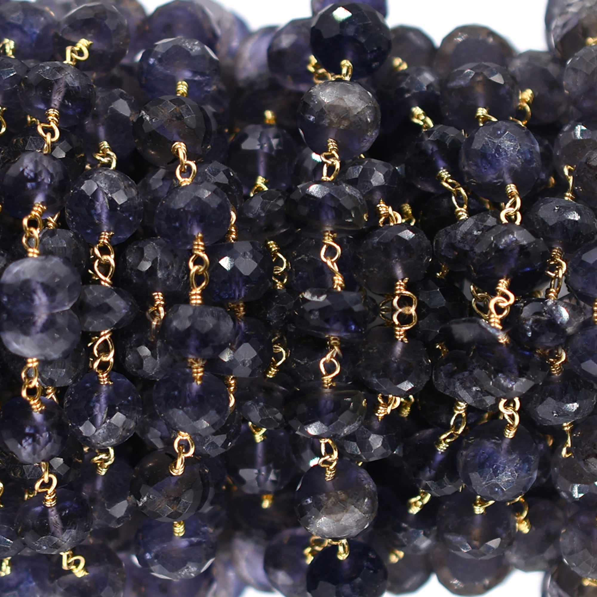 Iolite Faceted Rondelle Brass Gold Plated Wire Wrapped Chain Sold by Foot