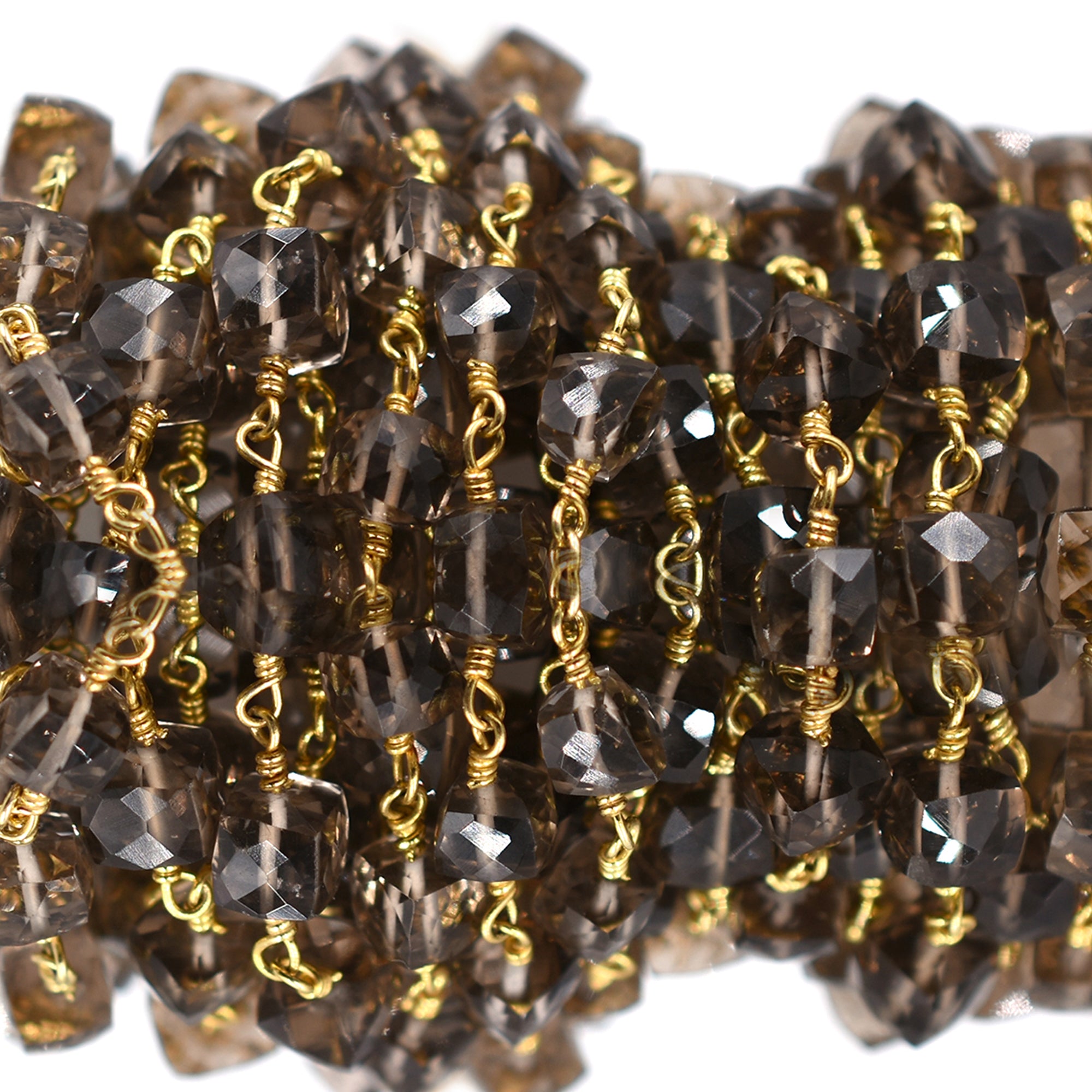 Smoky Quartz Faceted Cube Brass Gold Plated Wire Wrapped Chain Sold by Foot