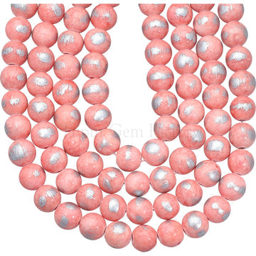 8 MM Round Salmon Pink With Silver Foil Jade Smooth Round Beads 15 Inches Strand