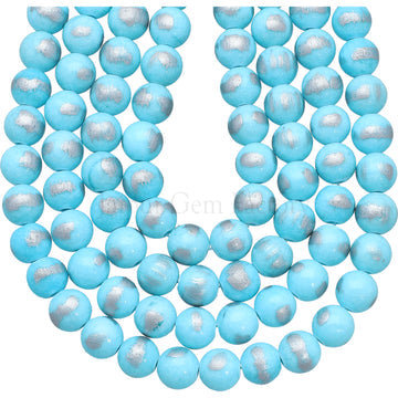 8 MM Sky Blue With Silver Foil Jade Smooth Round Beads 15 Inches Strand