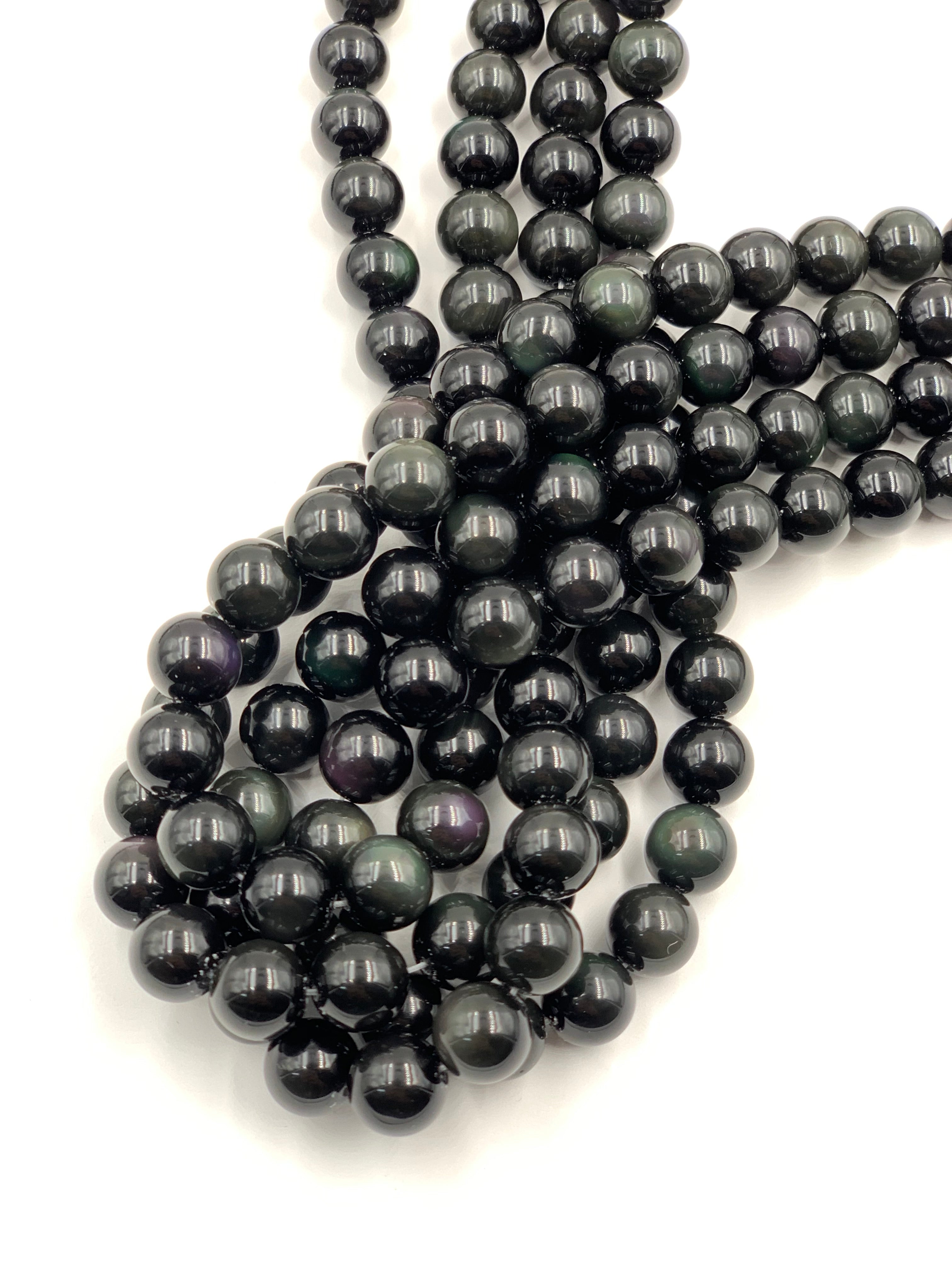 10 MM Rainbow Black Obsidian Smooth Round Beads 15 Inches Strand